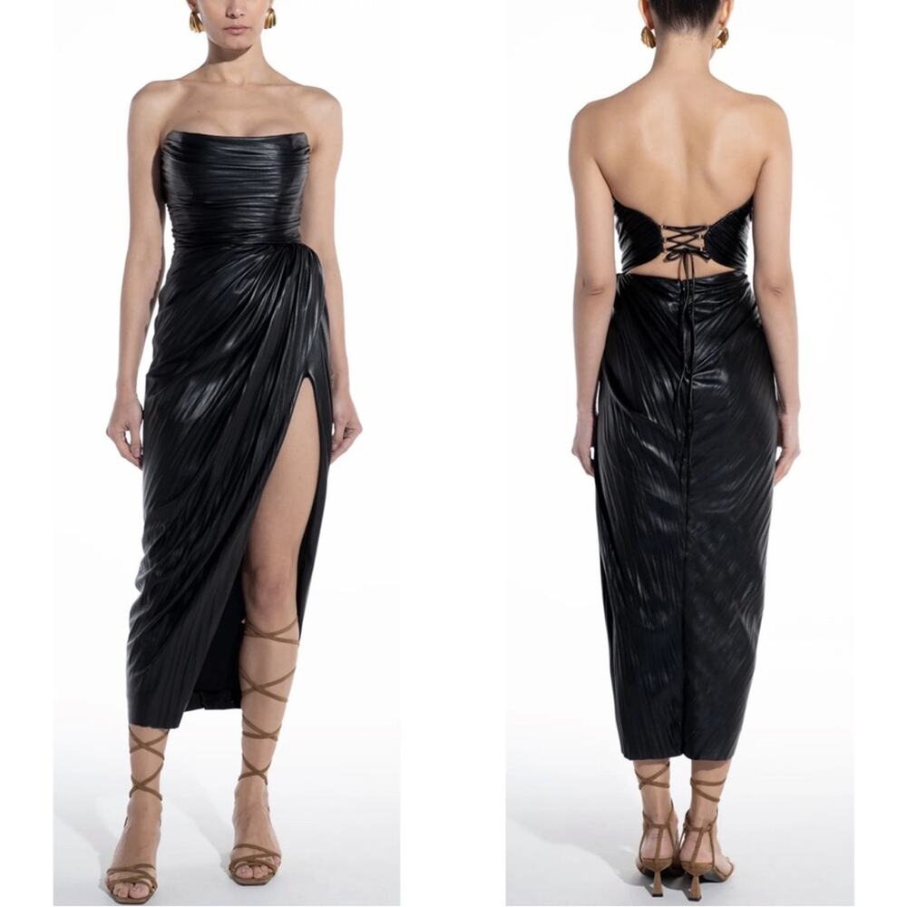 Maria Lucia Hohan Abigail Faux Leather Strapless Ruched Draped Midi Dress Sz 4